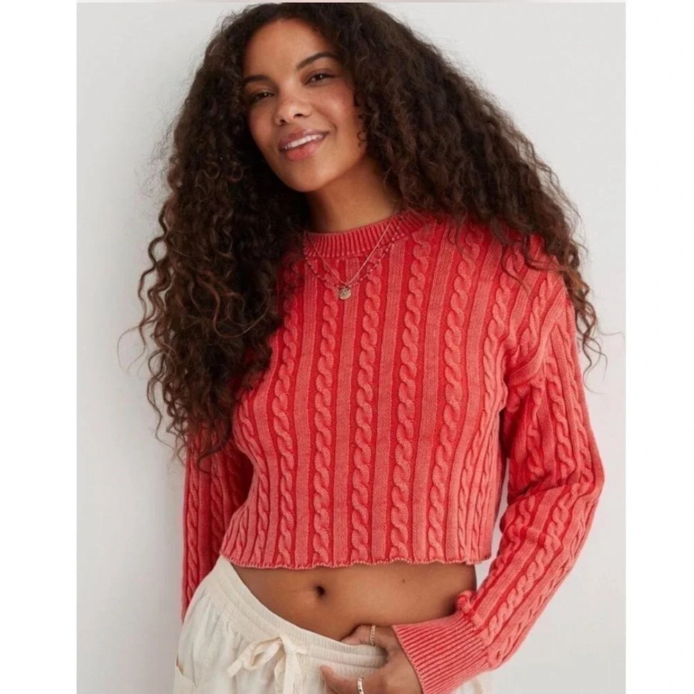 Aerie Women XL Coral Orange Cable Knit Cropped Sweater 100% Cotton Long Sleeve